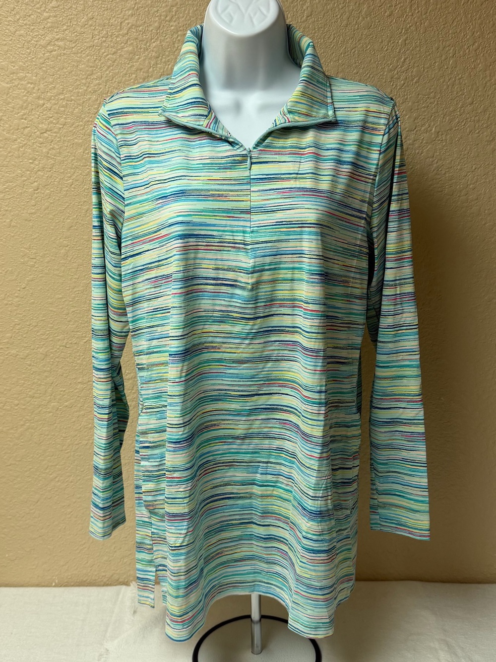 4/$20 Lands' End Multi-Stripe Long-Sleeve Polo Tunic - Aqua & Teal